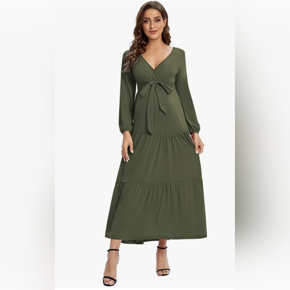 Coolmee Maternity Dress Women's V-Neck Long Sleeve Pleated Maternity Maxi small